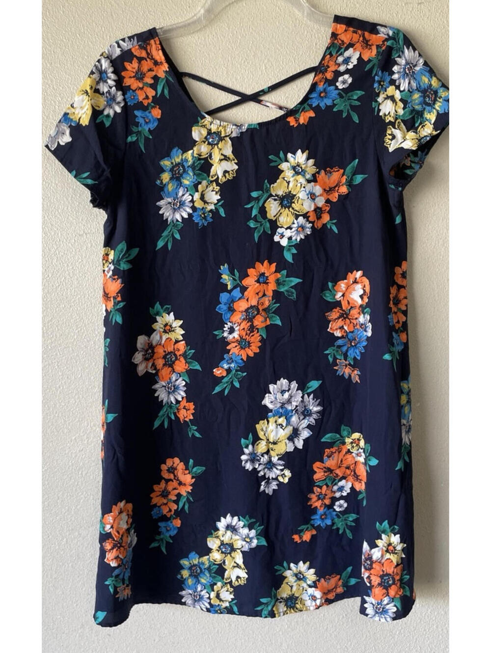 Soprano Small Tunic Dress Blue Short Sleeve Floral